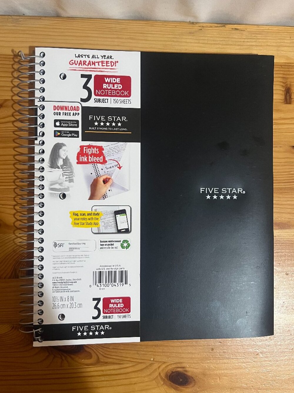 Five Star Spiral Notebook + Study App, 3 Subject, Wide Ruled Paper, 8" x 10-1/2"